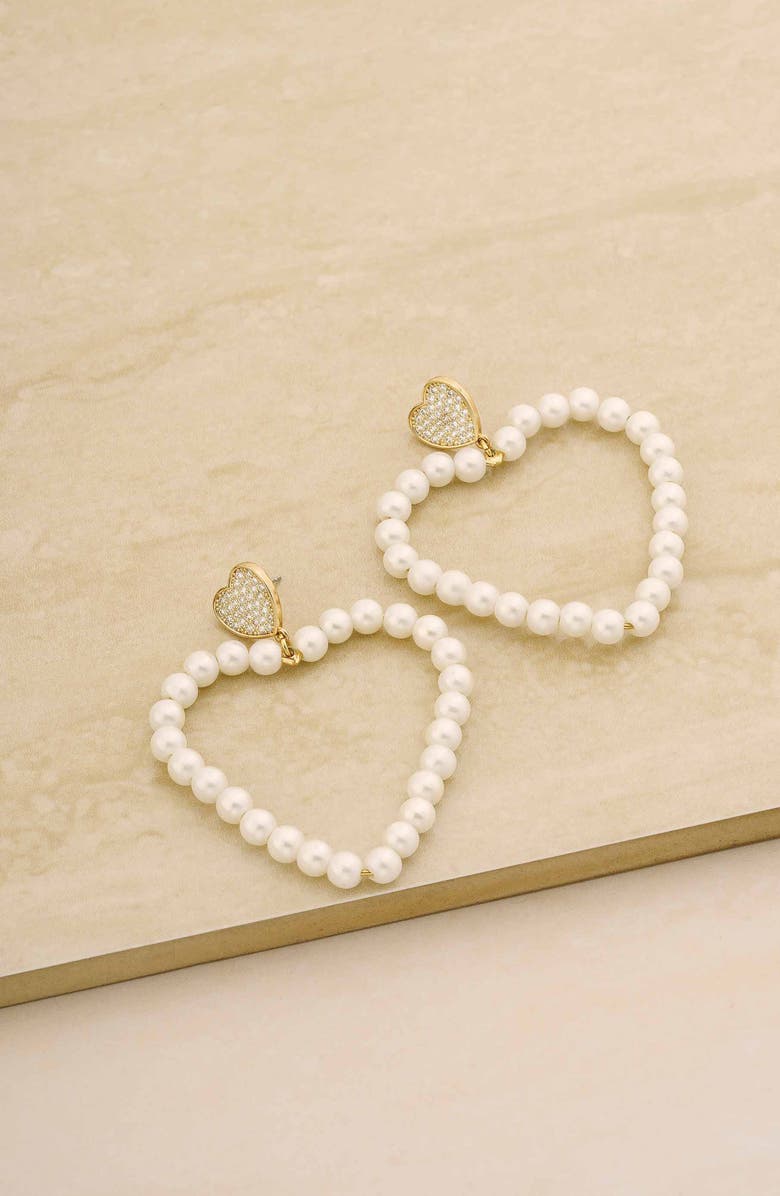 Ettika Big Heart Imitation Pearl Drop Earrings, Alternate, color, Gold