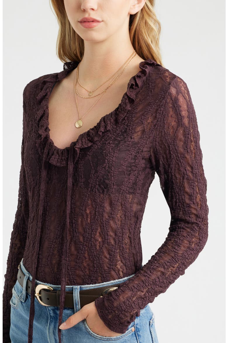 Ruffle Tie Neck Lace Top, Alternate, color, BURGUNDY FUDGE
