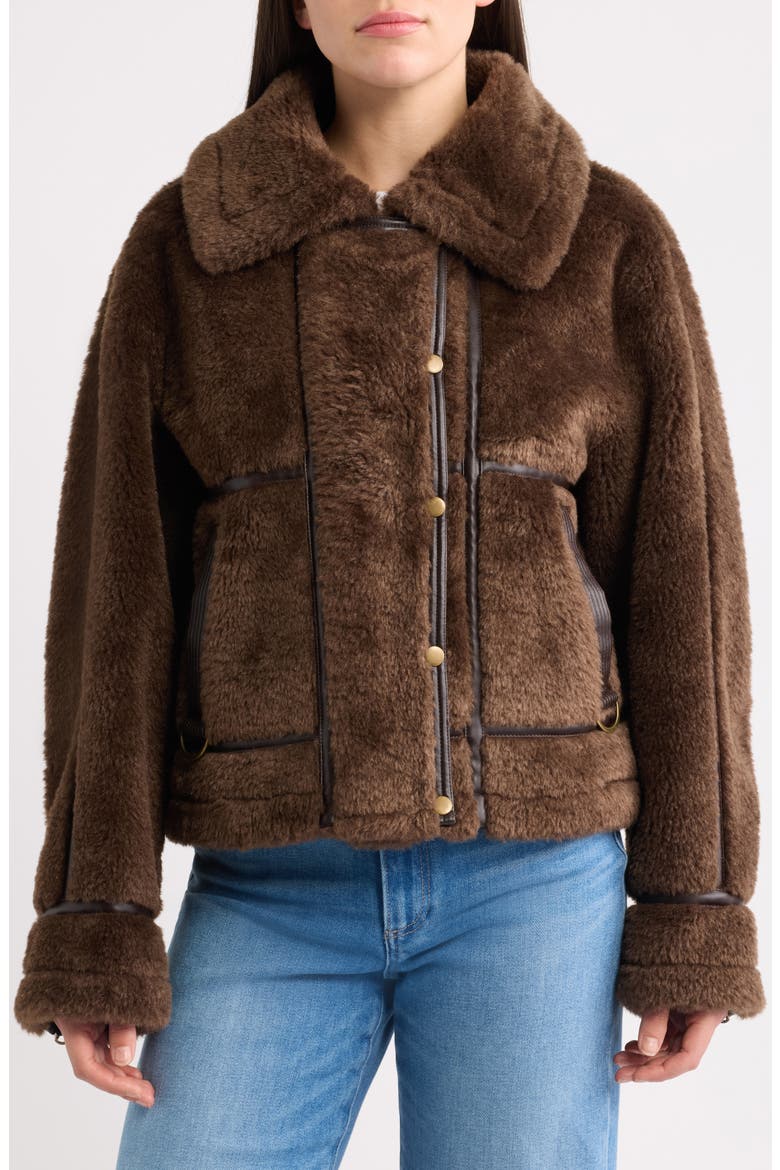 Faux Fur Jacket with Faux Leather Trim, Alternate, color, BROWN