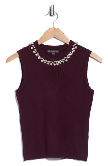 Adrianna Papell Faux Pearl & Rhinestone Collar Sleeveless Sweater In Purple