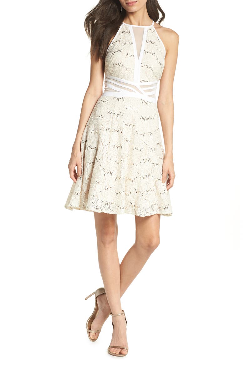 Sheer Inset Lace Fit & Flare Dress, Main, color, IVORY/ NUDE