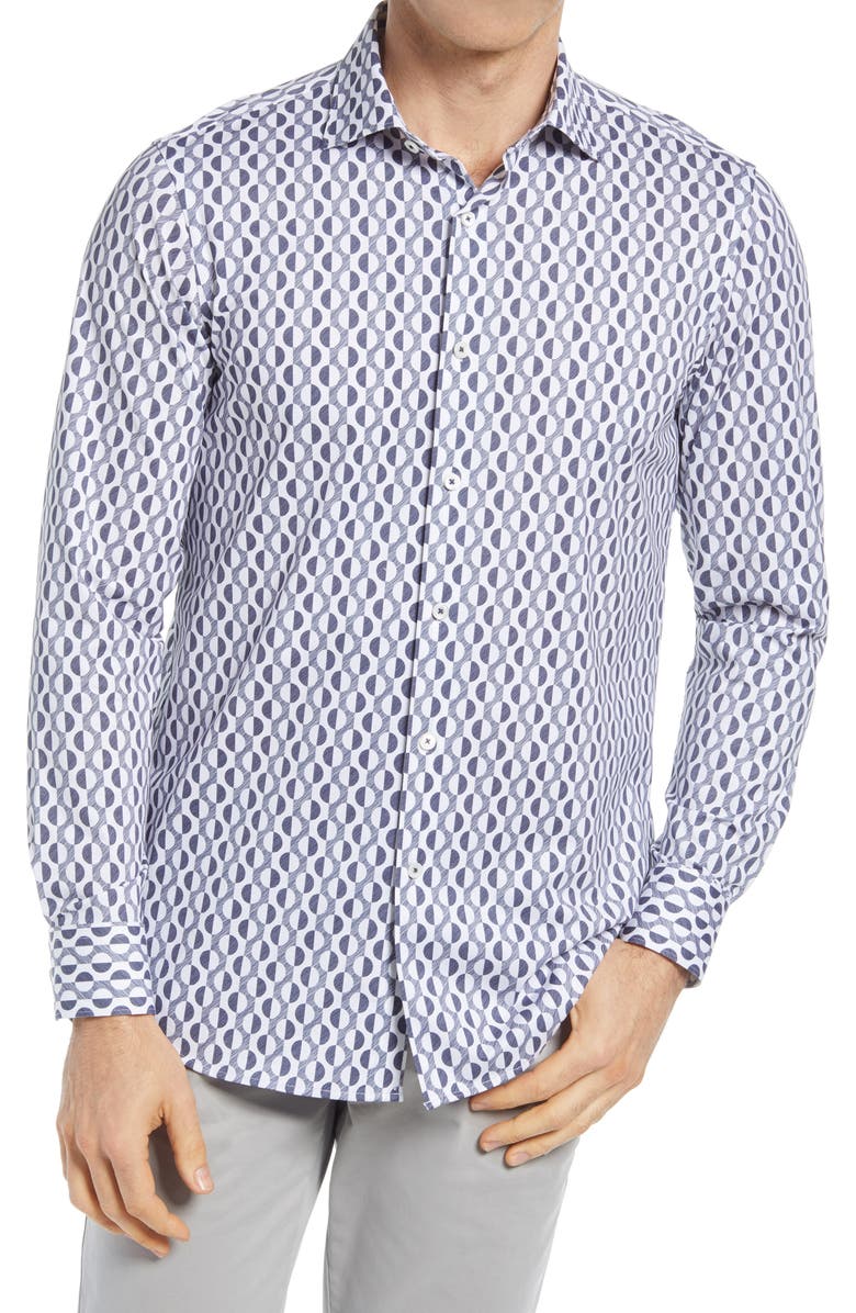 Bugatchi Tech Geometric Knit Stretch Cotton Button-Up Shirt, Main, color, 