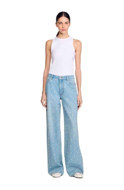 Sandro Womens Rhinestone-embellished Wide-leg Mid-rise Denim Jeans Bleus In Blue Jean