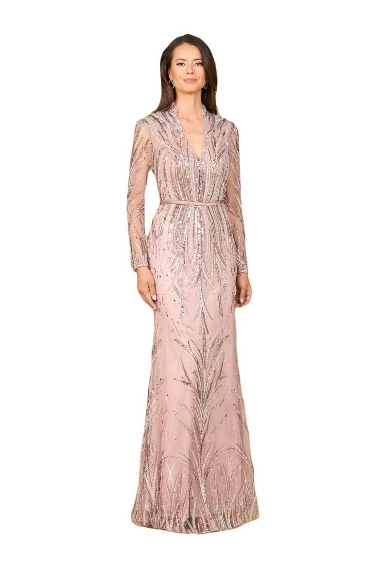 Mandarin V-Neck Gown with Long Sleeves, Main, color, Purple