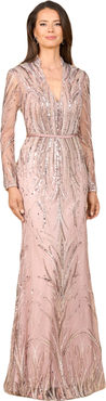 LARA New York Mandarin V-Neck Gown with Long Sleeves
