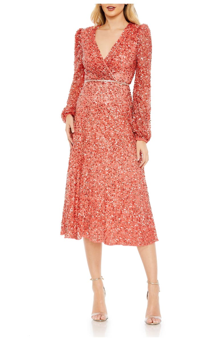Mac Duggal Sequin Elegance A-Line Wrap Dress with Dramatic Puff Sleeves, Main, color, Coral