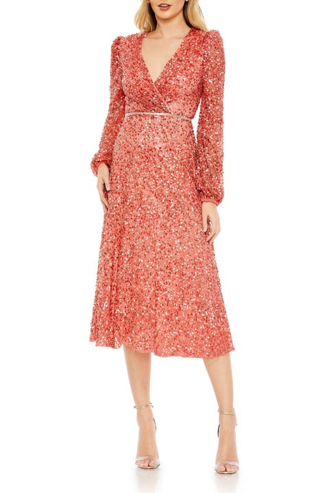 Sequin Elegance A-Line Wrap Dress with Dramatic Puff Sleeves