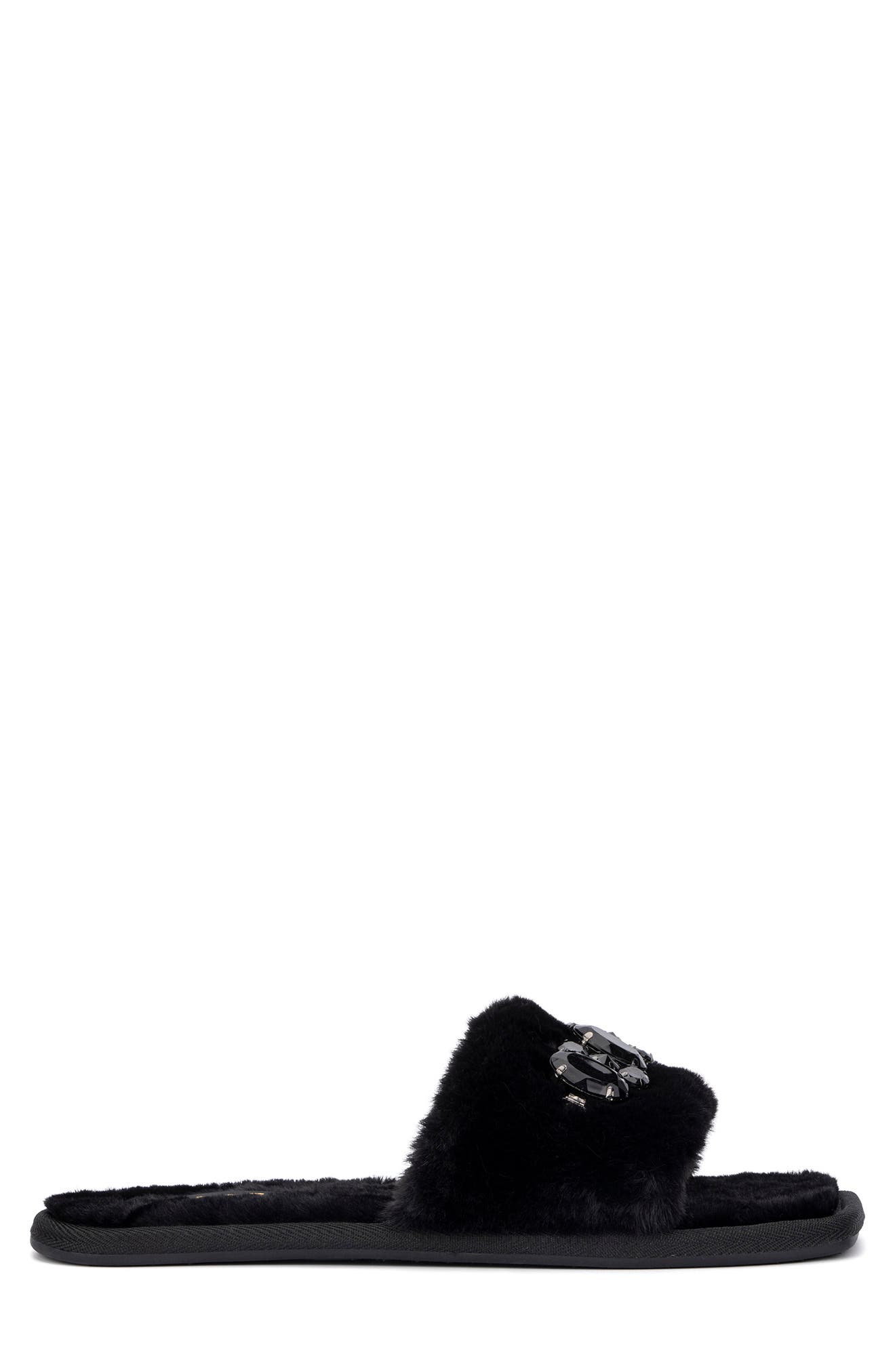 TORGEIS Isabella Embellished Faux Fur Slipper, Alternate, color, Black