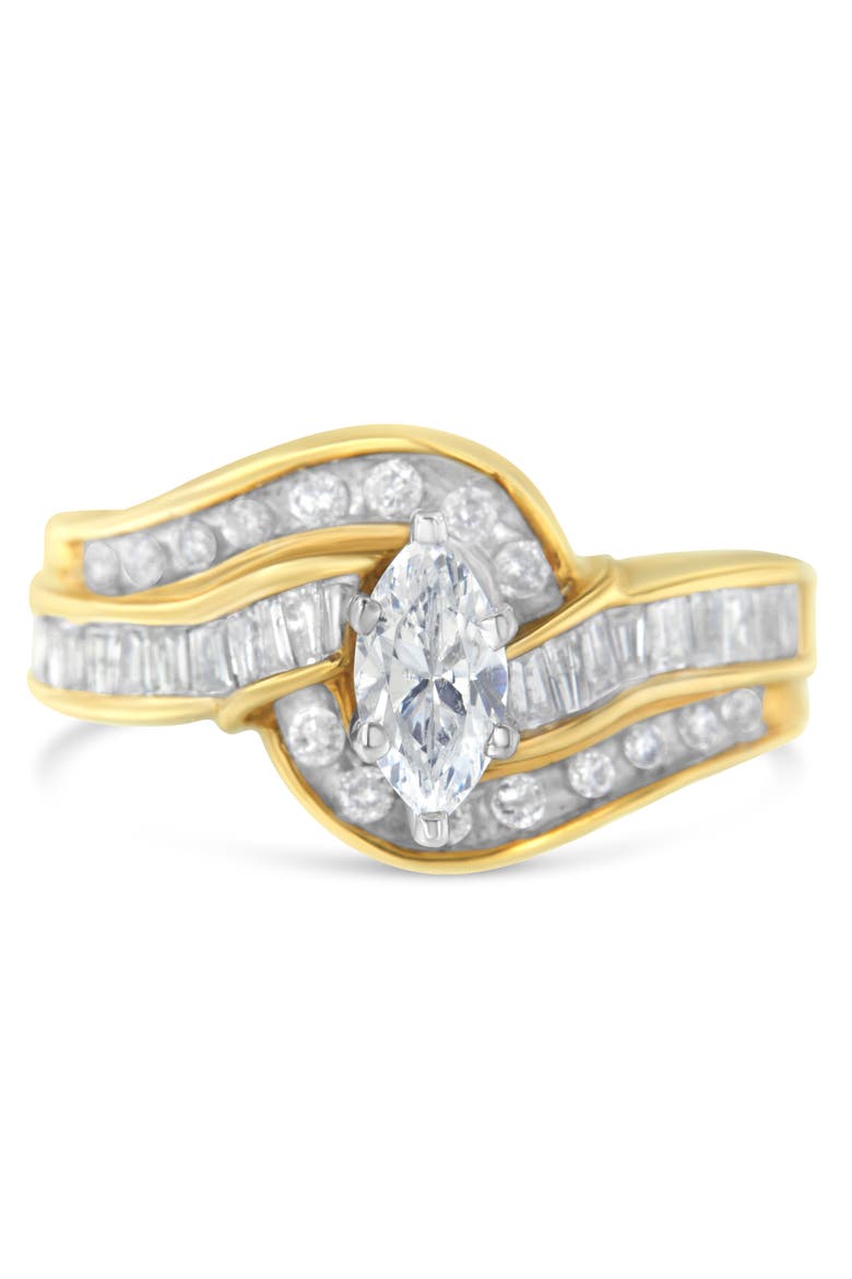 14K Gold 1 cttw Marquise Baguette and Round Diamond Bypass Ring, Main, color, Yellow
