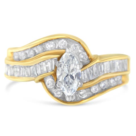 14K Gold 1 cttw Marquise Baguette and Round Diamond Bypass Ring
