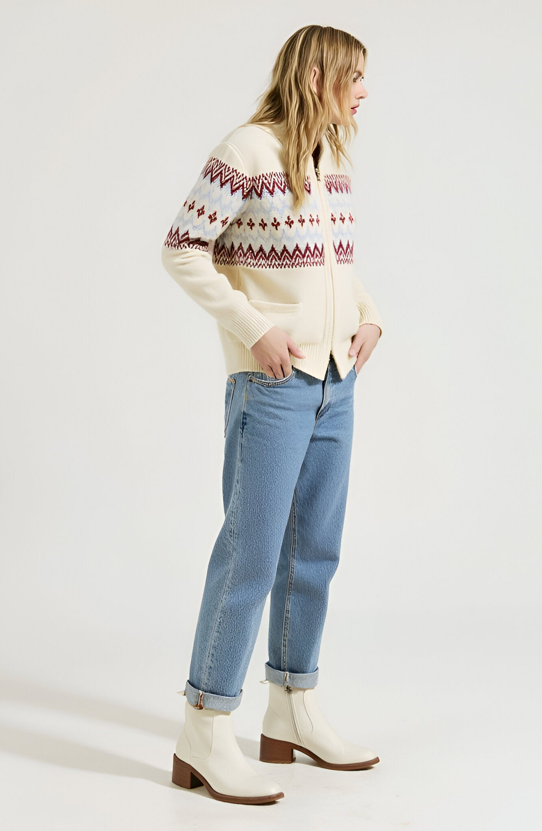 Modenaire Fair Isle Zip Cardigan with Ribbed Trim, Alternate, color, Fair Isle