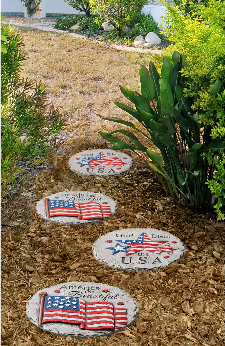Glitzhome Set of 2 Patriotic Americana Cement Flag & Stars Stepping Stones, Alternate, color, Blue