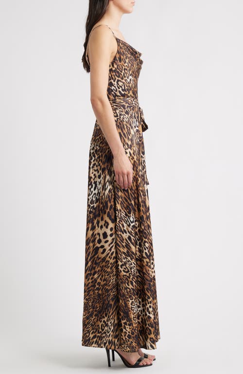 Vince Camuto Leopard Print Aysmmetric Neck Satin Gown In Animal Print