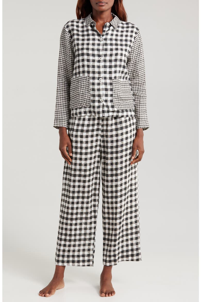 Long Sleeve Linen Pajamas, Main, color, GINGHAM LINEN BLACK/WHITE