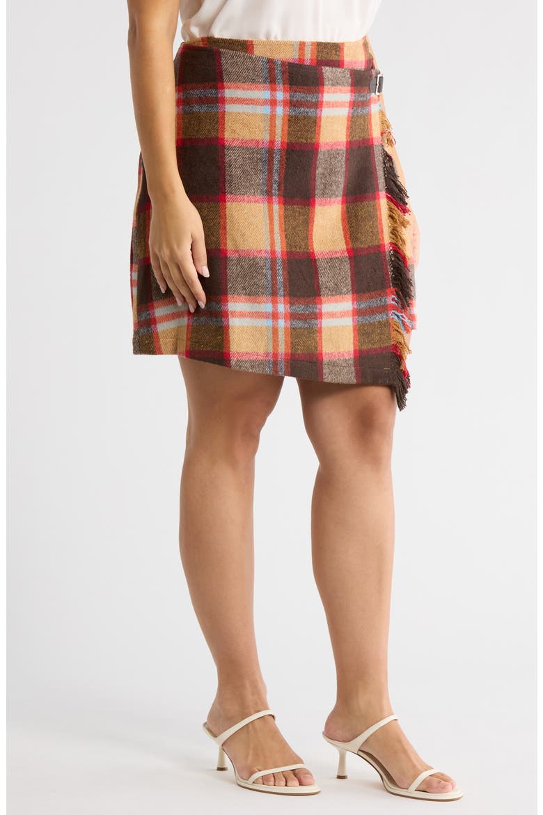 Plaid Faux Wrap Miniskirt, Alternate, color, BROWNMULTI