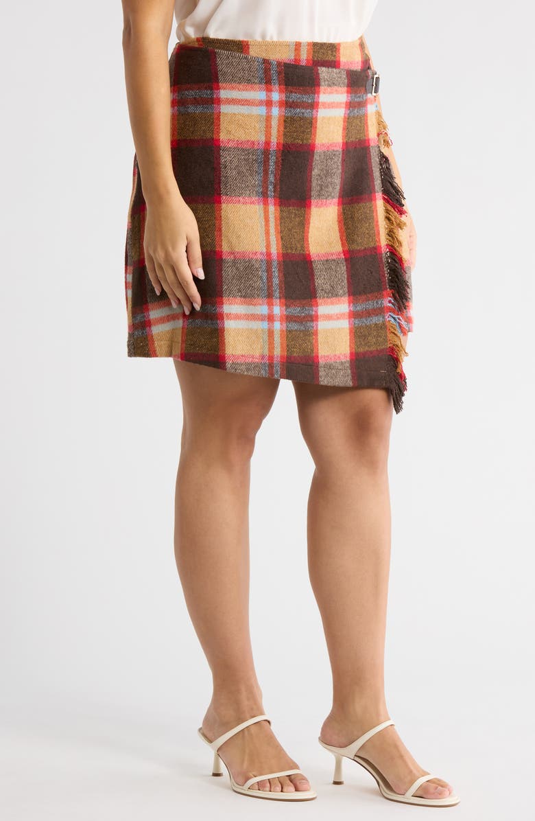 SUGARLIPS Plaid Faux Wrap Miniskirt, Alternate, color, Brownmulti