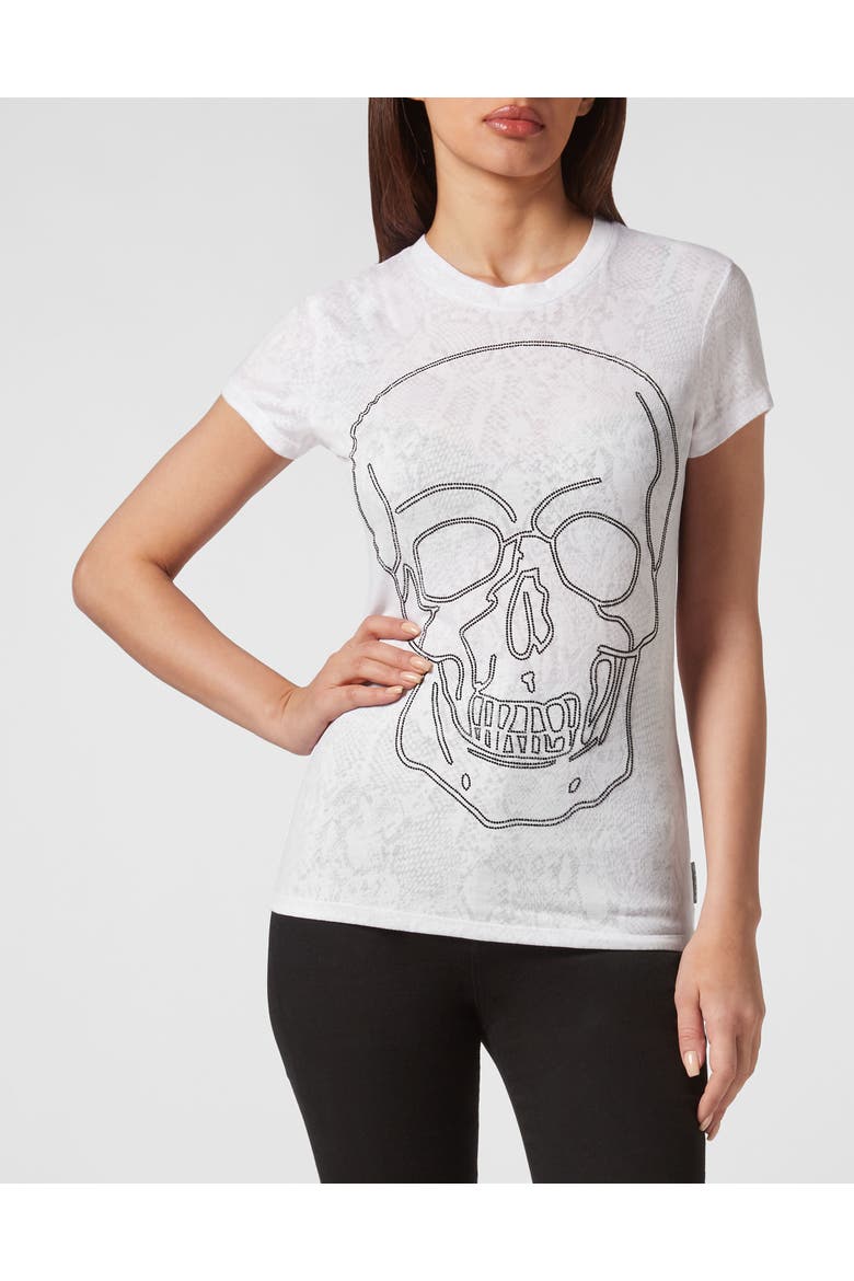 T-Shirt Round Neck Skull Women, Main, color, white