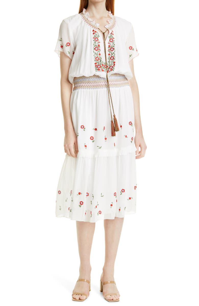 Nicole Miller Embroidered Silk Midi Dress, Main, color,