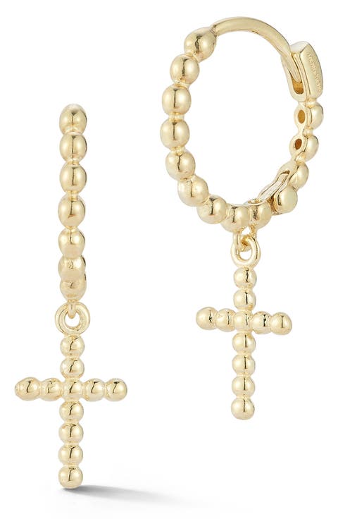 14K Cross Huggie Hoop Earrings