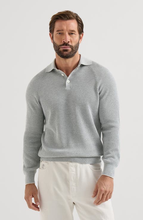Cotton English rib knit polo with long raglan sleeves