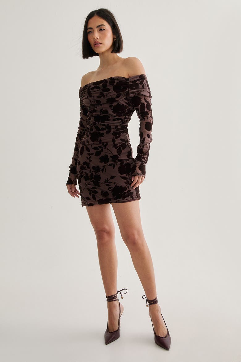 Floral Devore Ruched Mini Dress, Alternate, color, Chocolate