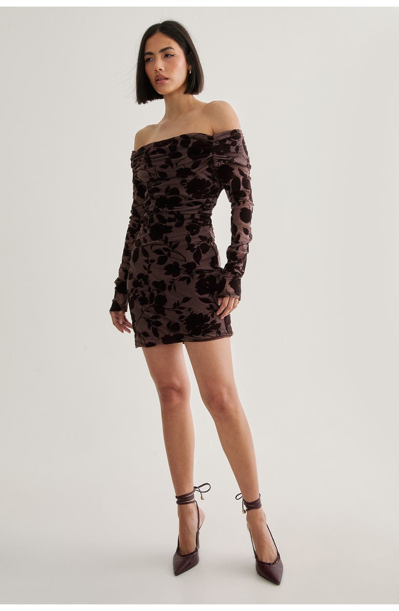 NASTY GAL Floral Devore Ruched Mini Dress, Alternate, color, Chocolate