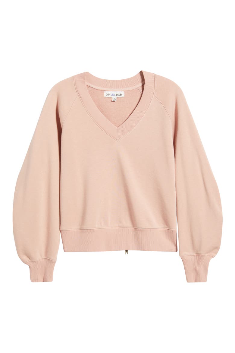Zip Detail Ruched Sleeve Sweatshirt, Alternate, color, ROSE
