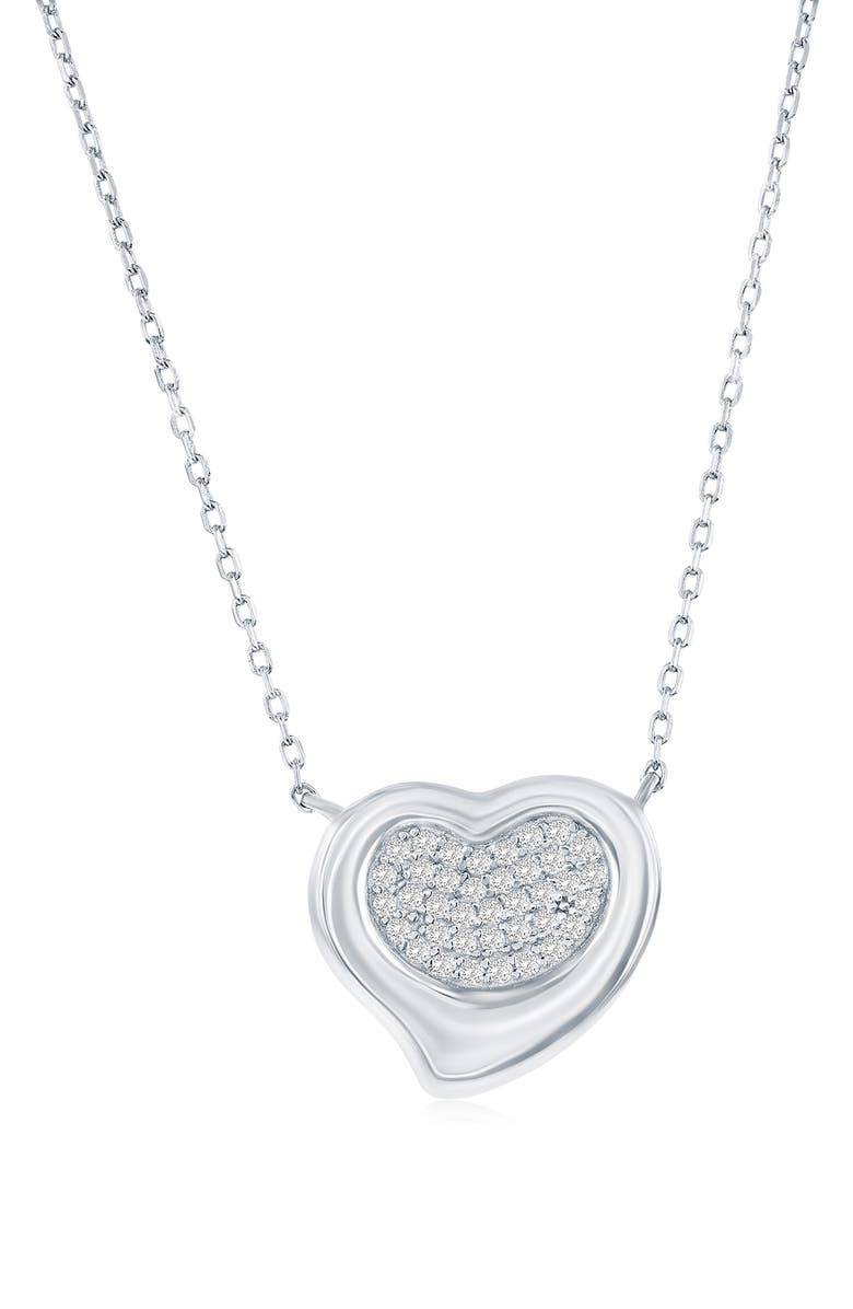 SIMONA Sterling Silver Pavé Cubic Zirconia Heart Pendant Necklace, Main, color, Silver