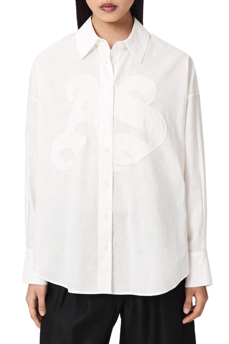 Sparrow Embrodiered Logo Appliqué Linen & Cotton Button-Up Shirt, Main, color, OPTIC WHITE