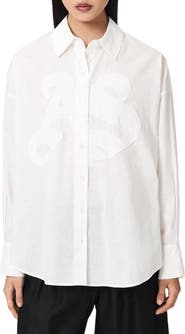 AllSaints Sparrow Embrodiered Logo Appliqué Linen & Cotton Button-Up Shirt