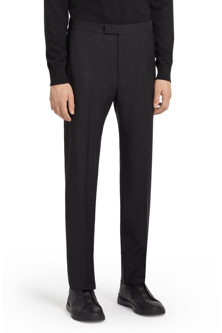 Men's Flat Front Wool & Mohair Tuxedo Trousers, Main, color, BLACK