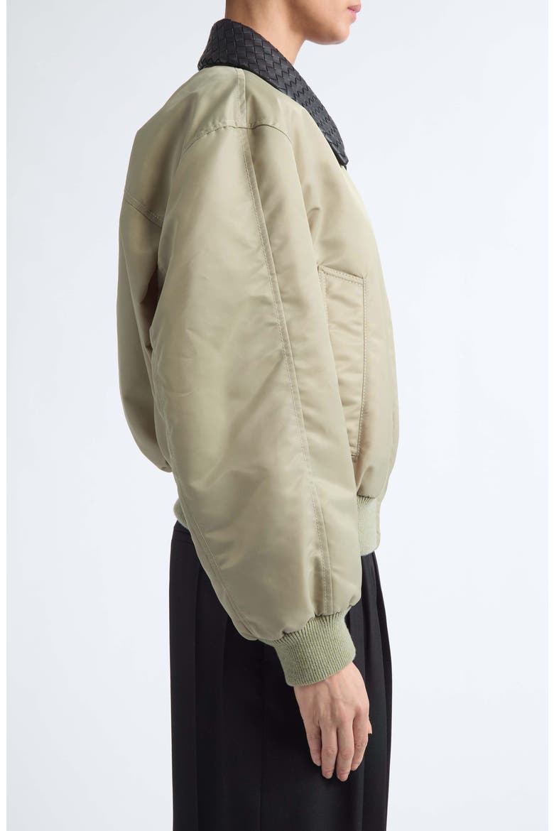 Intrecciato Leather Collar Nylon Bomber Jacket, Alternate, color, 3167 TARRAGON