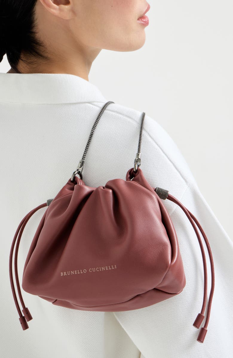 Brunello Cucinelli Soft leather mini Mellow Bucket bag, Alternate, color, Firebrick