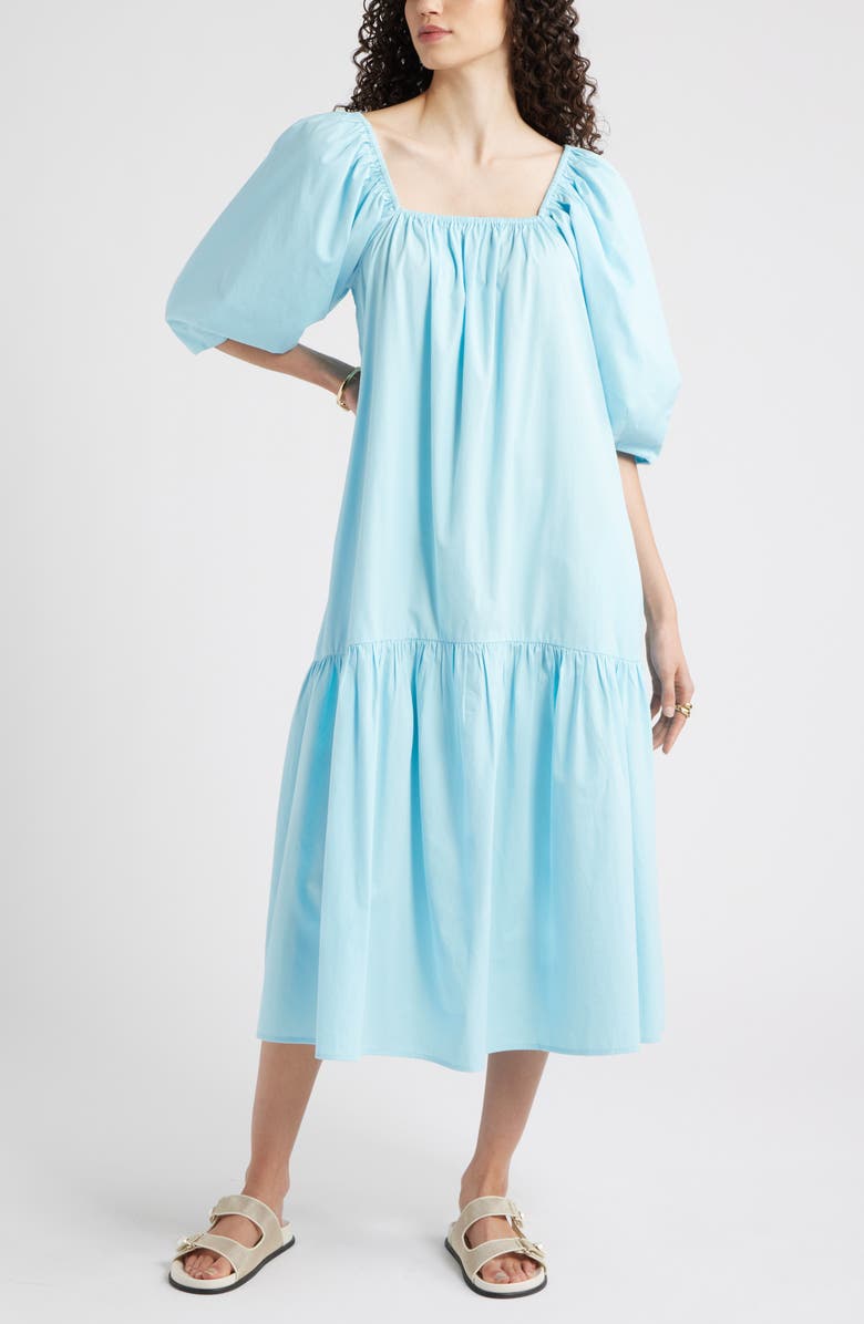 Nordstrom Square Neck Puff Sleeve Cotton Midi Dress, Main, color, Blue Atomizer