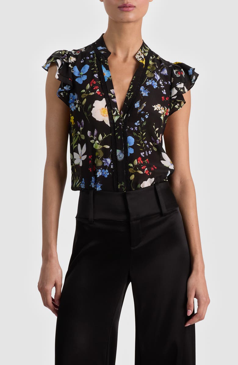 Alice + Olivia Arlette Floral Flutter Sleeve Button-Up Top, Main, color, Twisting Vines Black
