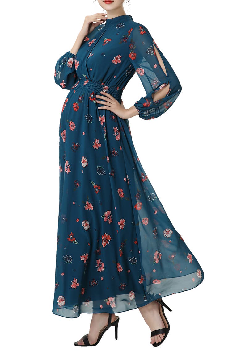 Floral Print Long Sleeve Maternity Maxi Dress, Alternate, color, BLUE