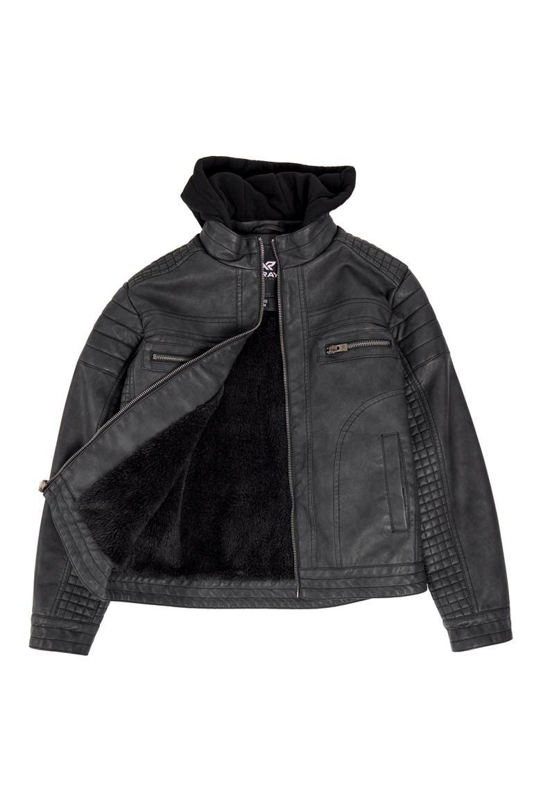 Kids' Hooded Faux Leather Moto Jacket, Alternate, color, STEEL