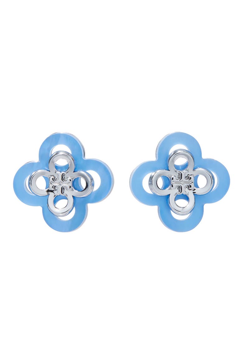 Kira Clover Stacked Stud Earrings, Main, color, TORY SILVER / BLUE