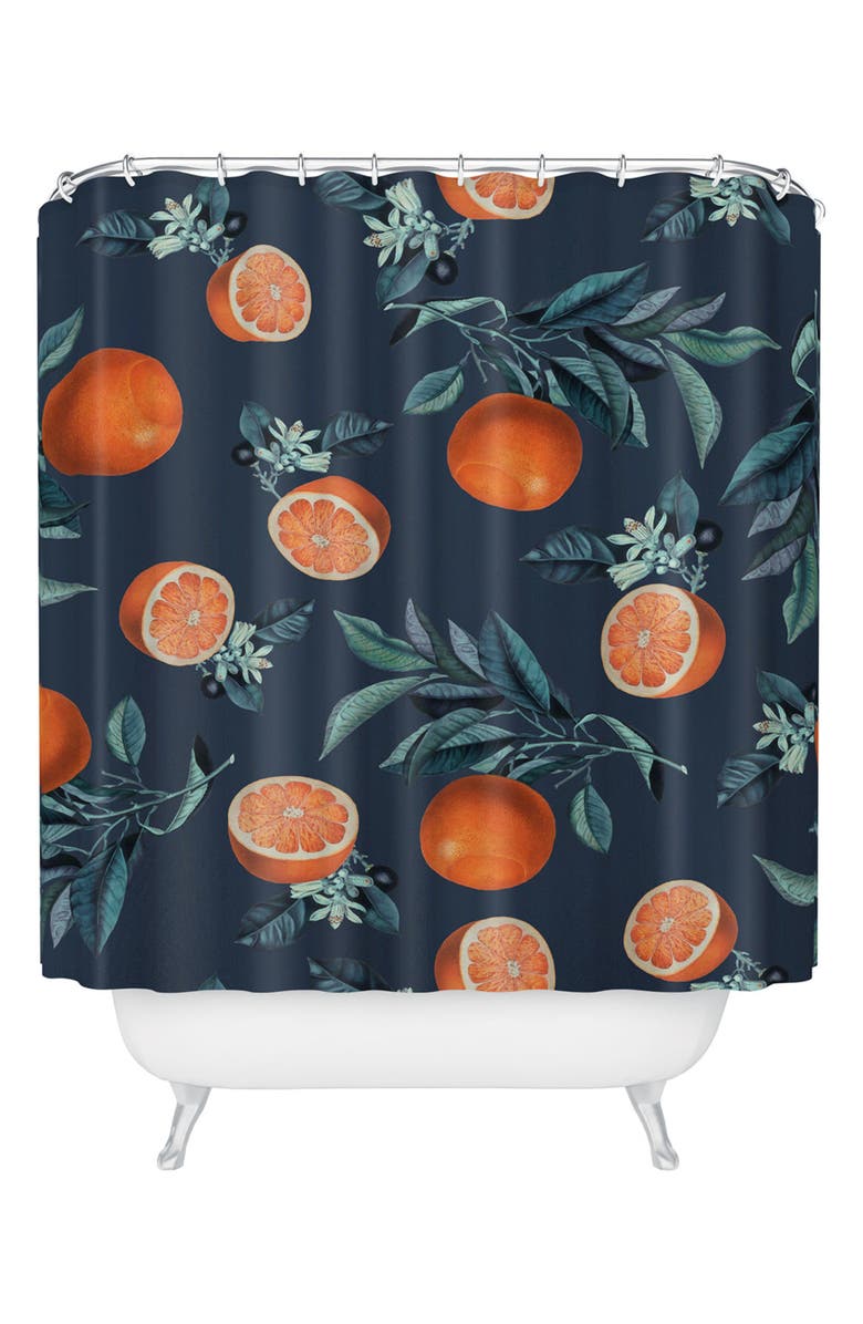 Deny Designs Lemon & Leaf Print VI Shower Curtain, Main, color, Orange