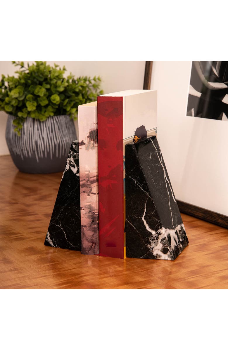 Bey-Berk Black Zebra Marble Wedge Bookends, Alternate, color, Black Zebra Marble