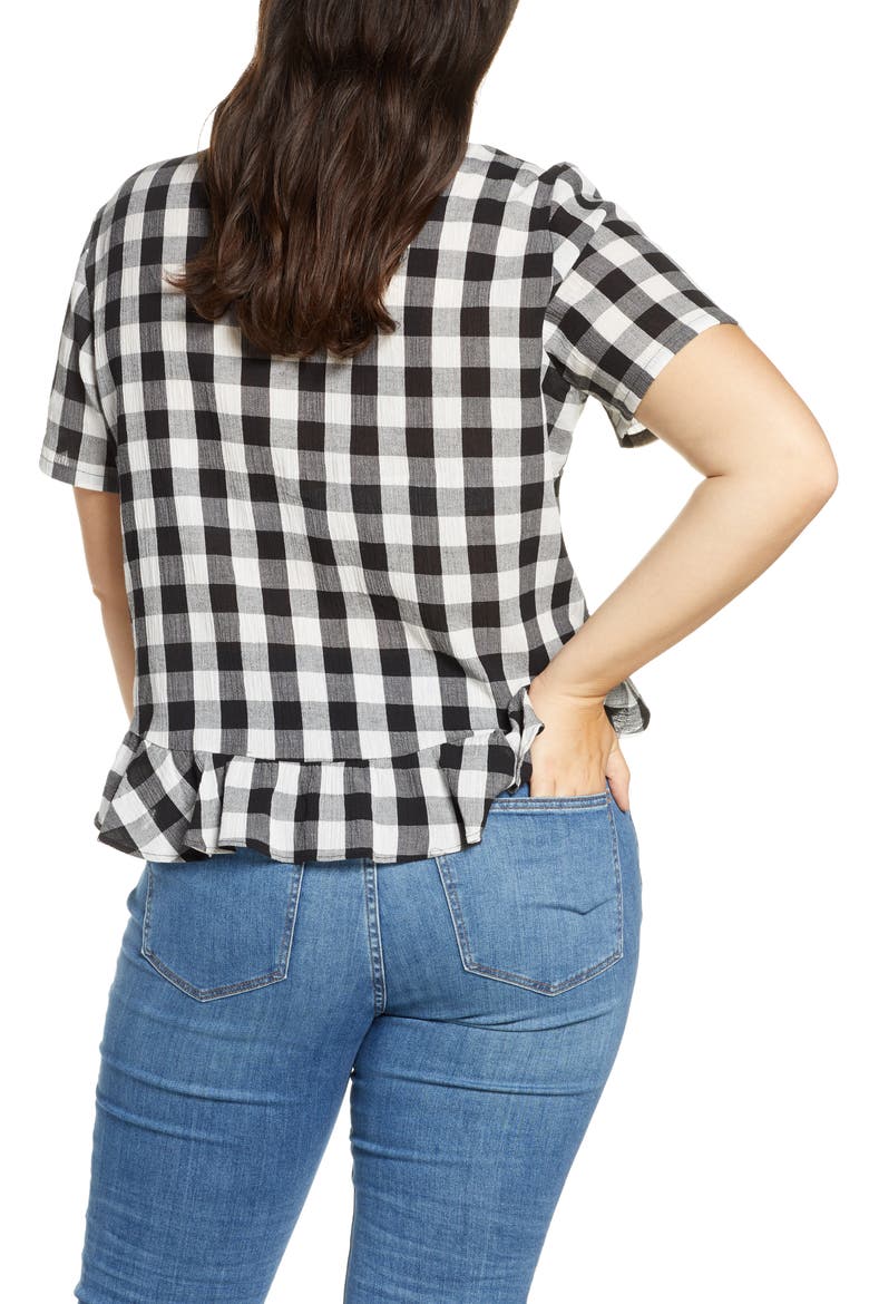 Gingham Peplum Button Down Shirt, Alternate, color, TRUE BLACK TWO SIZE GINGHAM