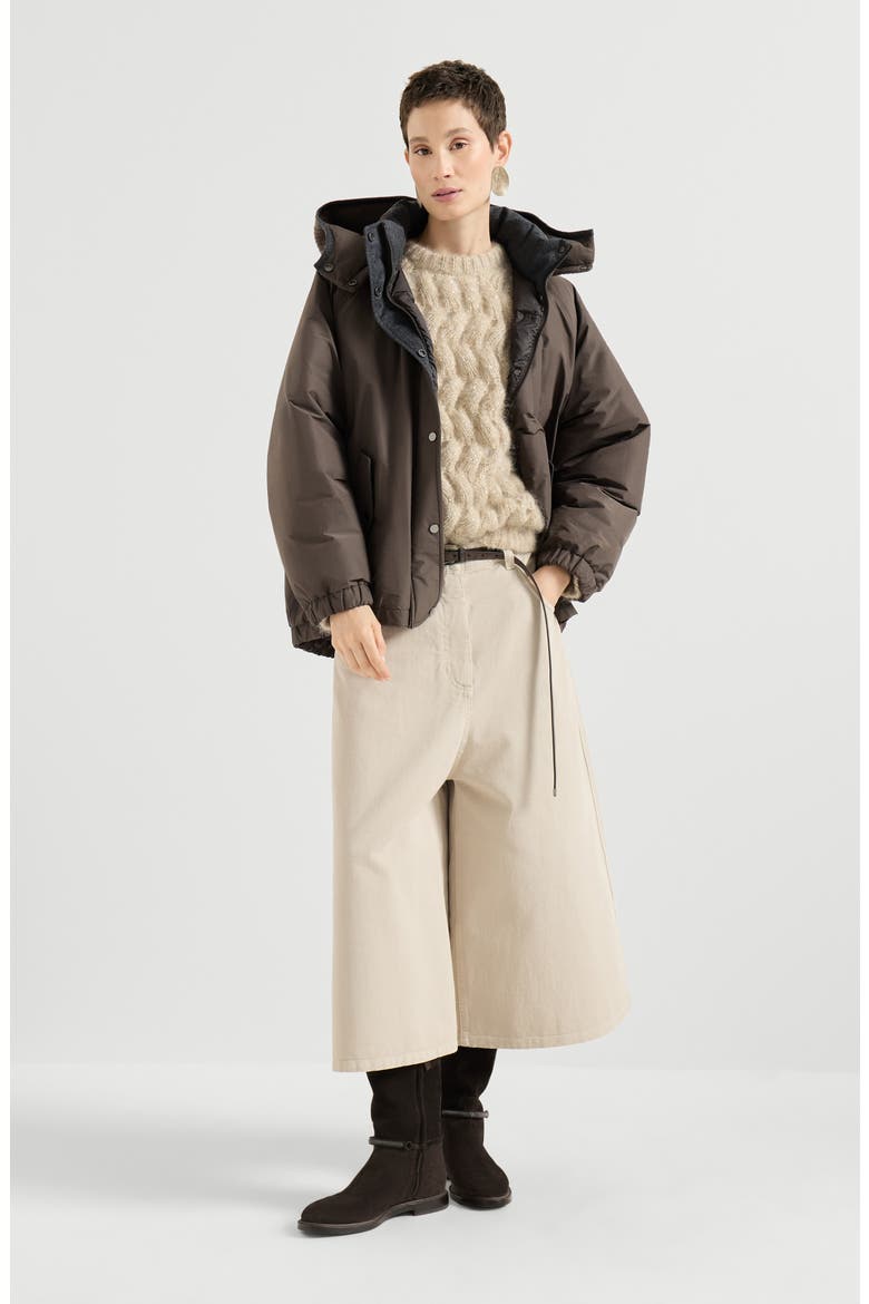 Techno cotton taffeta outerwear jacket with detachable knit hood and shiny zipper pull, Alternate, color, Brown