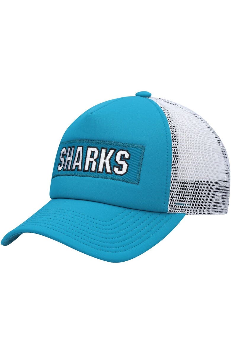 adidas Men's adidas Teal/White San Jose Sharks Team Plate Trucker Snapback Hat, Main, color, 