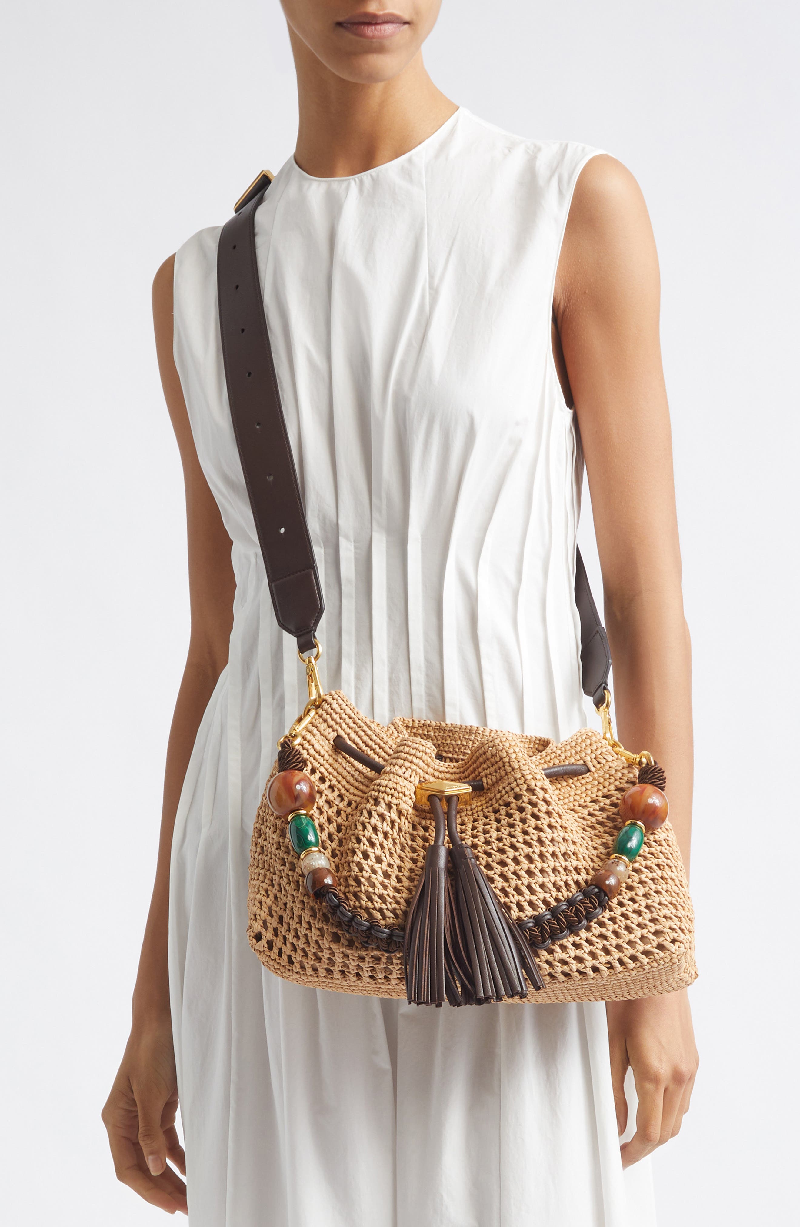 Bon Bon Fringe Raffia East/West Bucket Bag, Alternate, color, NATURAL/ CHOCOLATE/ GOLD