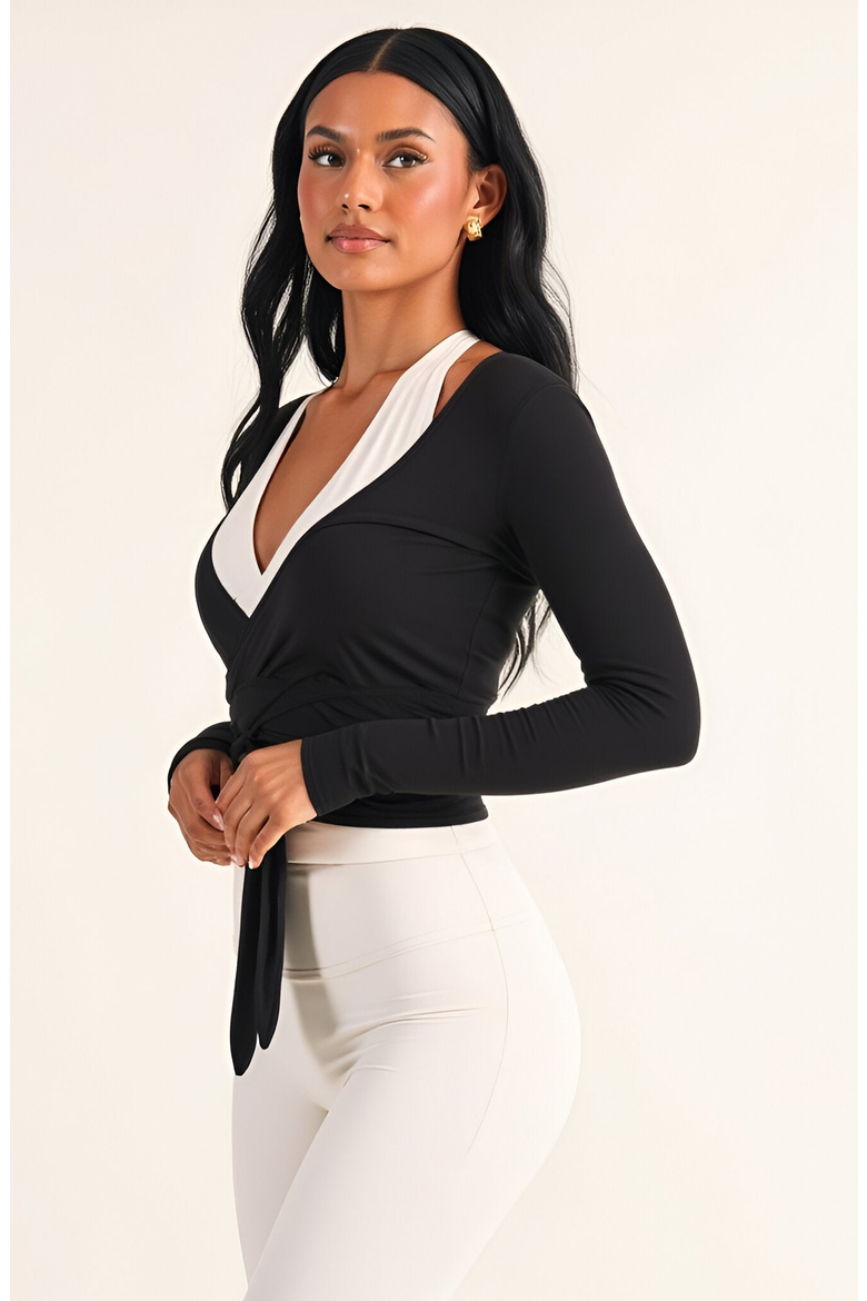 Wrap Front Long Sleeve Crop Top with Tie Waist Detail, Alternate, color, Black