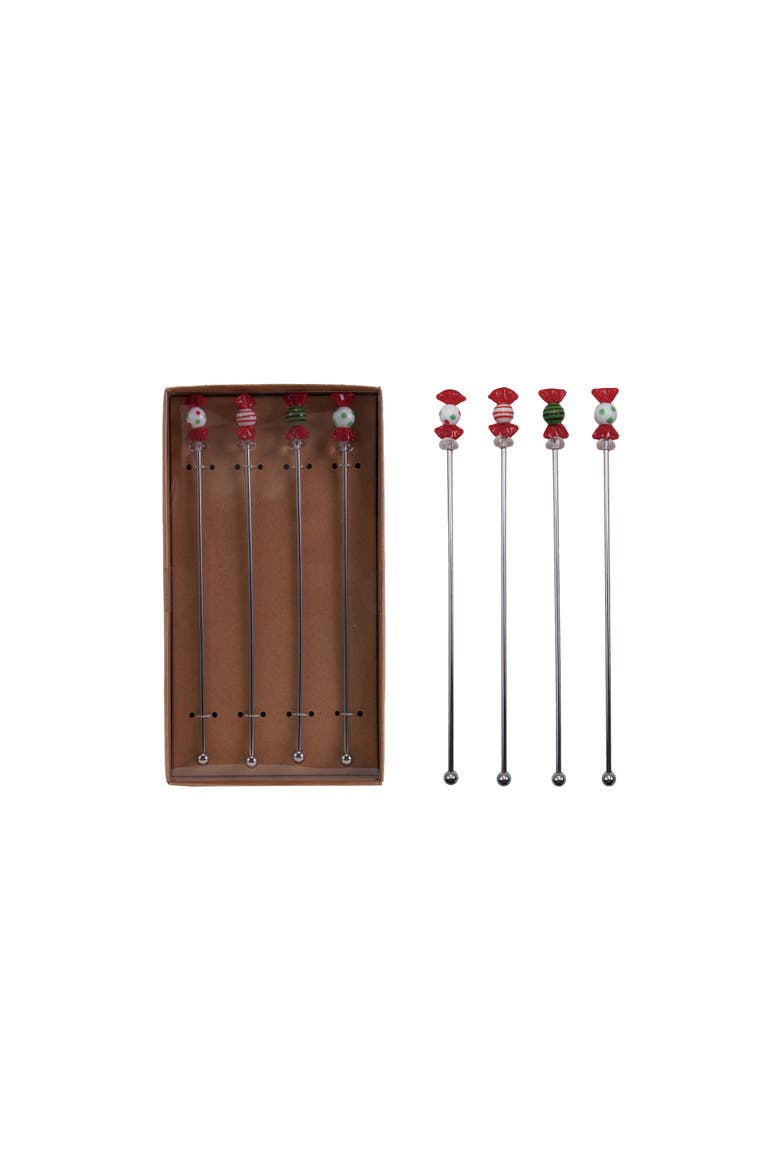 4-Piece Stainless Steel Cocktail Stirrers with Hand-Blown Glass Candies, Multicolor, Main, color, Red