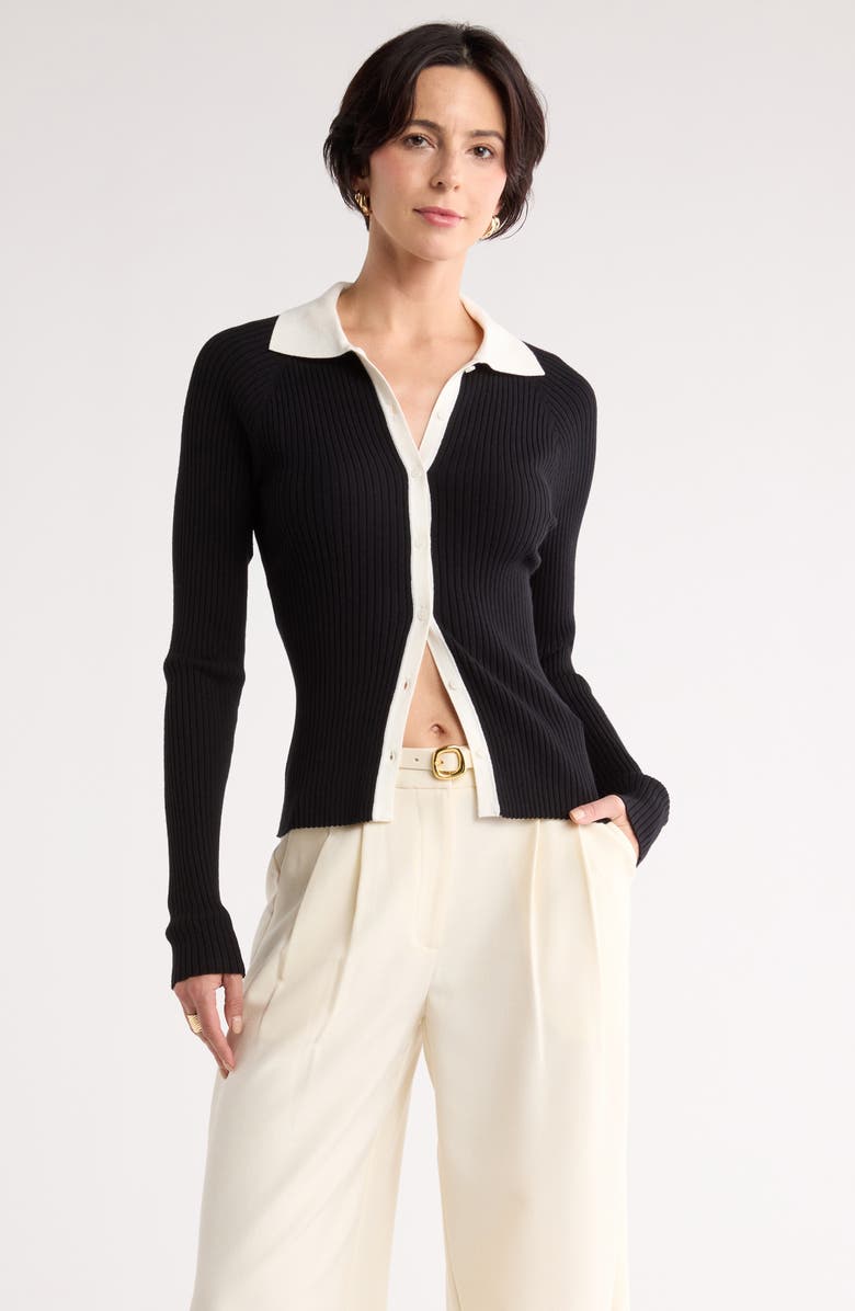 NORDSTROM RACK Raglan Polo Cardigan, Main, color, Black- Ivory Tofu Combo