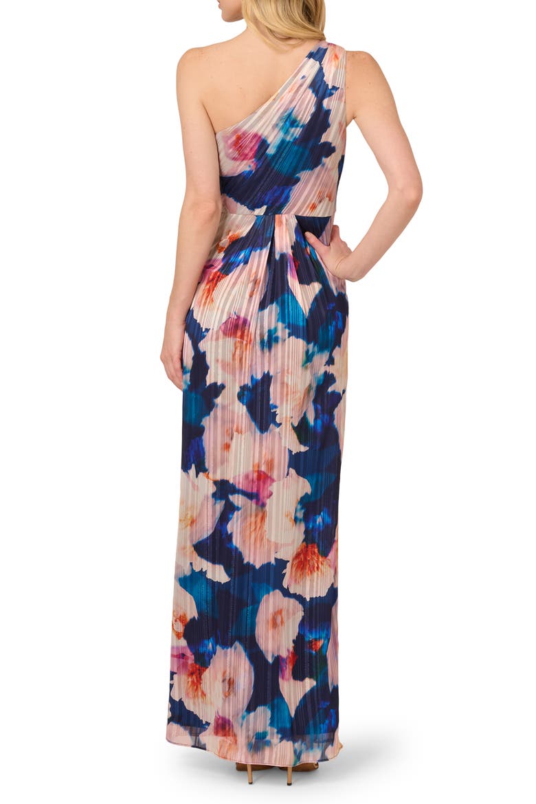 Pleated Floral One-Shoulder Chiffon Gown, Alternate, color, NAVY/BLUSH