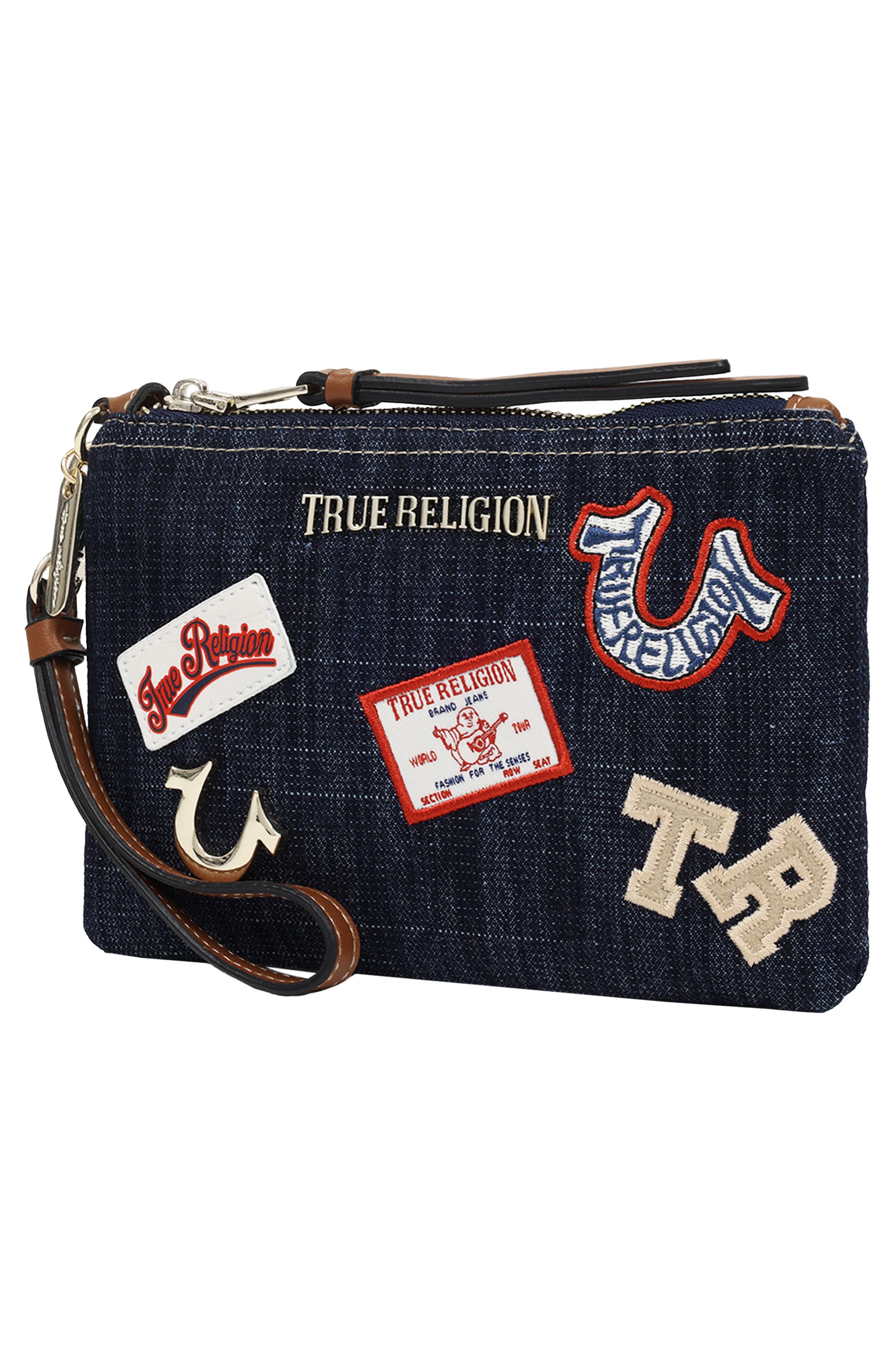Patchwork Denim Wristlet Pouch, Alternate, color, DARK DENIM