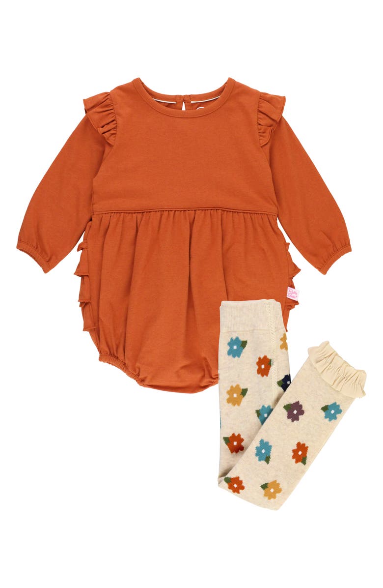 RuffleButts Stretch Cotton Bubble Romper & Cotton Blend Tights Set, Main, color, 